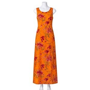 Tropical Orange Maxi Dress Resort Vacation Beach Summer Flowy size 14